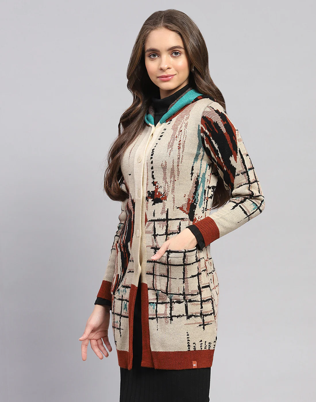Women Rust Self Design Hooded Full Sleeve Cardigan - Image 3