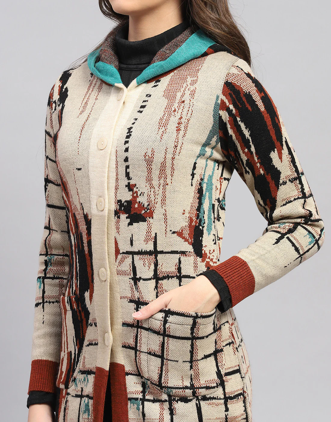 Women Rust Self Design Hooded Full Sleeve Cardigan - Image 8