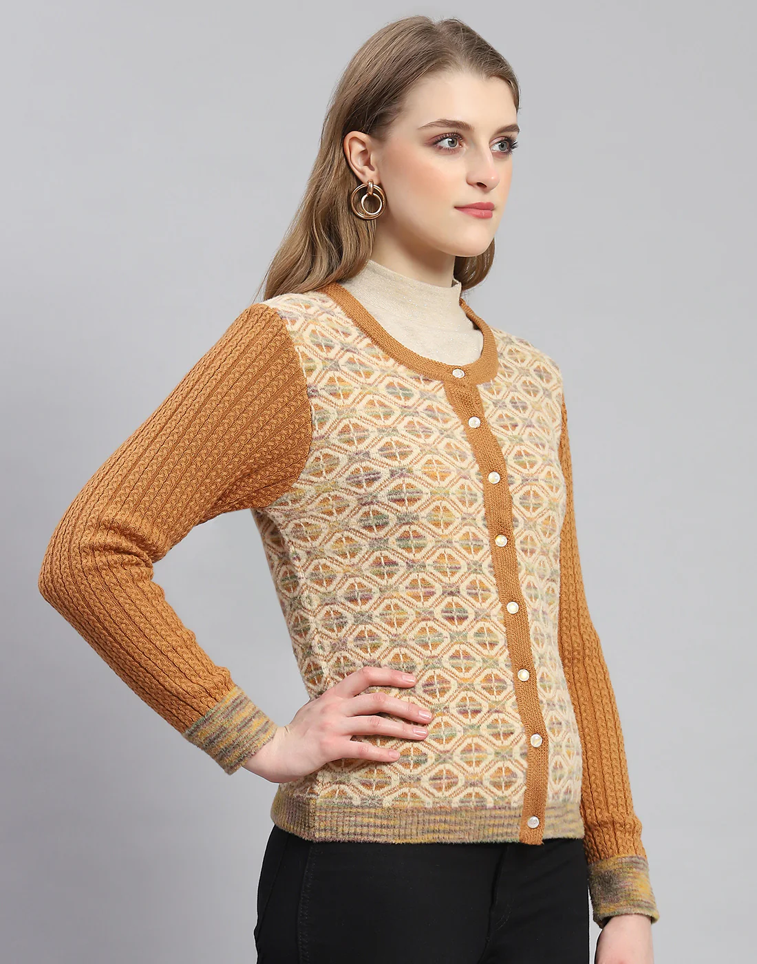 Women Rust Self Design Round Neck Full Sleeve Cardigan - Image 4