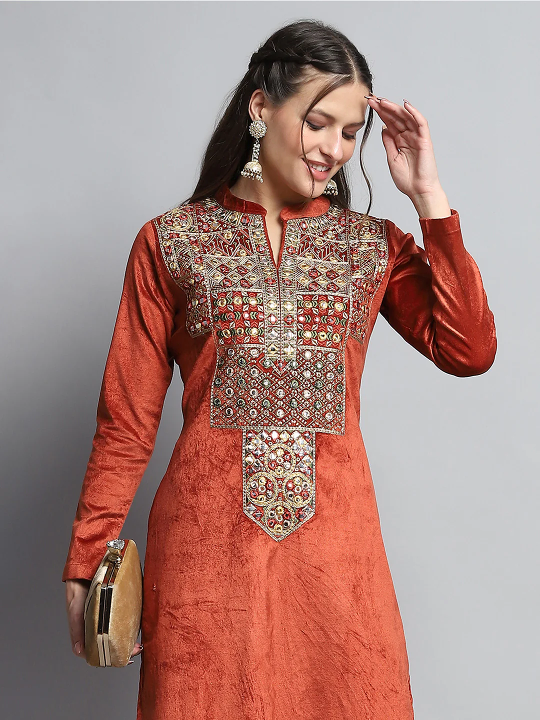 Women Rust Self Design Round Neck Full Sleeve Kurti Set for Winter - Image 3