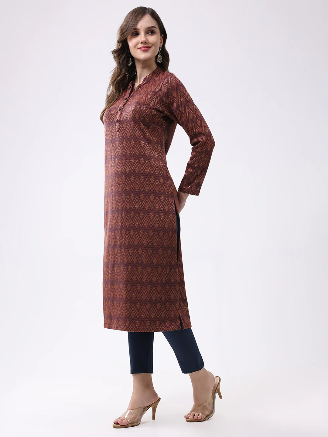 Women Rust Self Design Round Neck Full Sleeve Winter Kurti - Image 3