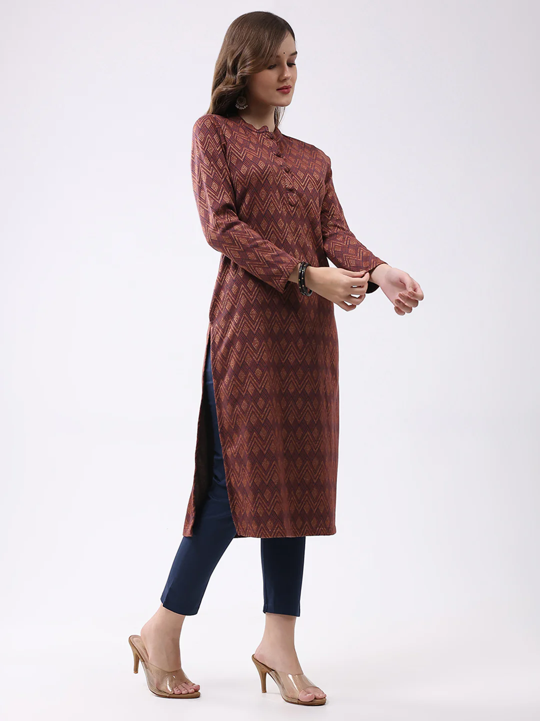 Women Rust Self Design Round Neck Full Sleeve Winter Kurti - Image 4