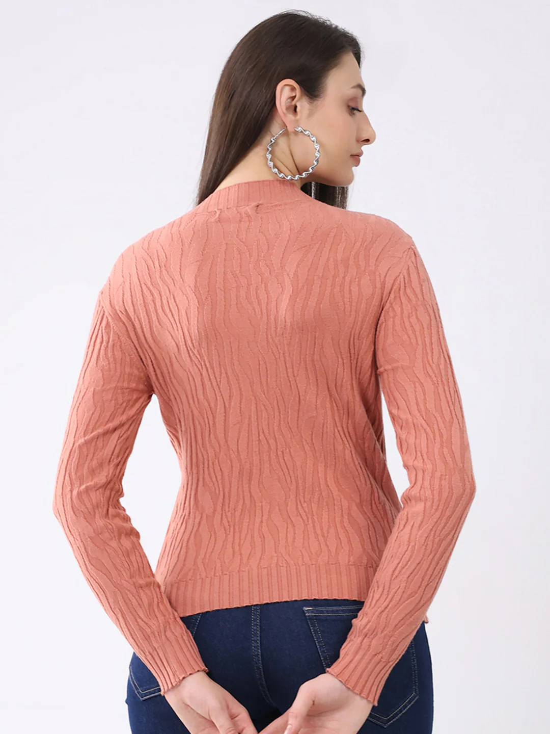 Women Rust Self Design Round Neck Full Sleeve Winter Top - Image 5