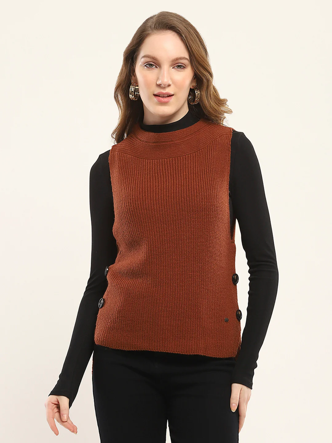 Women Rust Self Design Round Neck Sleeveless Winte Top - Image 2