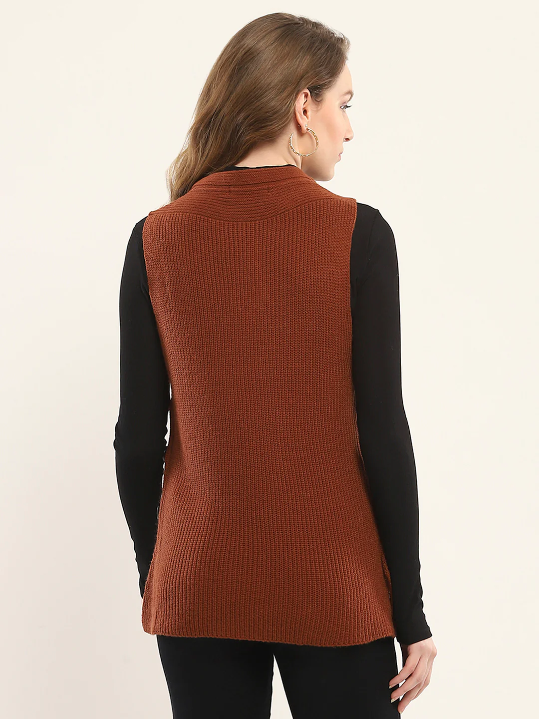 Women Rust Self Design Round Neck Sleeveless Winte Top - Image 6