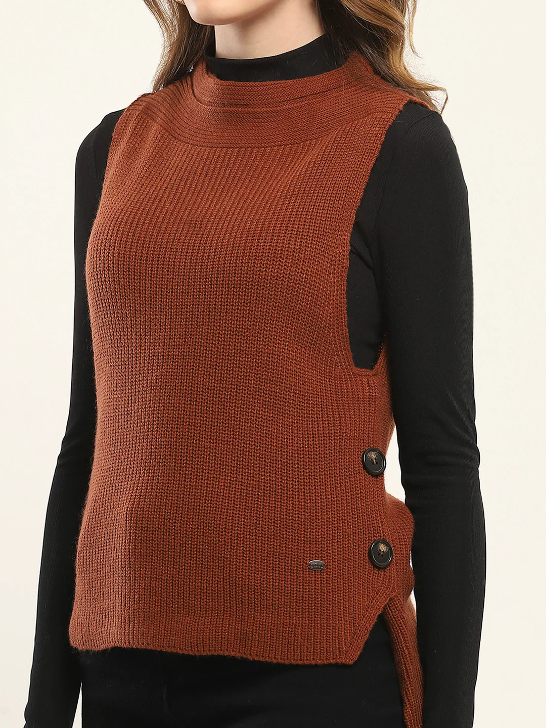 Women Rust Self Design Round Neck Sleeveless Winte Top - Image 7