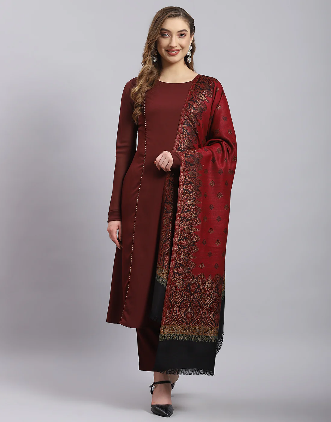 Women Rust Self Design Shawl - Image 2