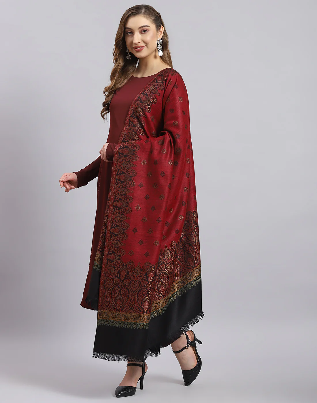 Women Rust Self Design Shawl - Image 3