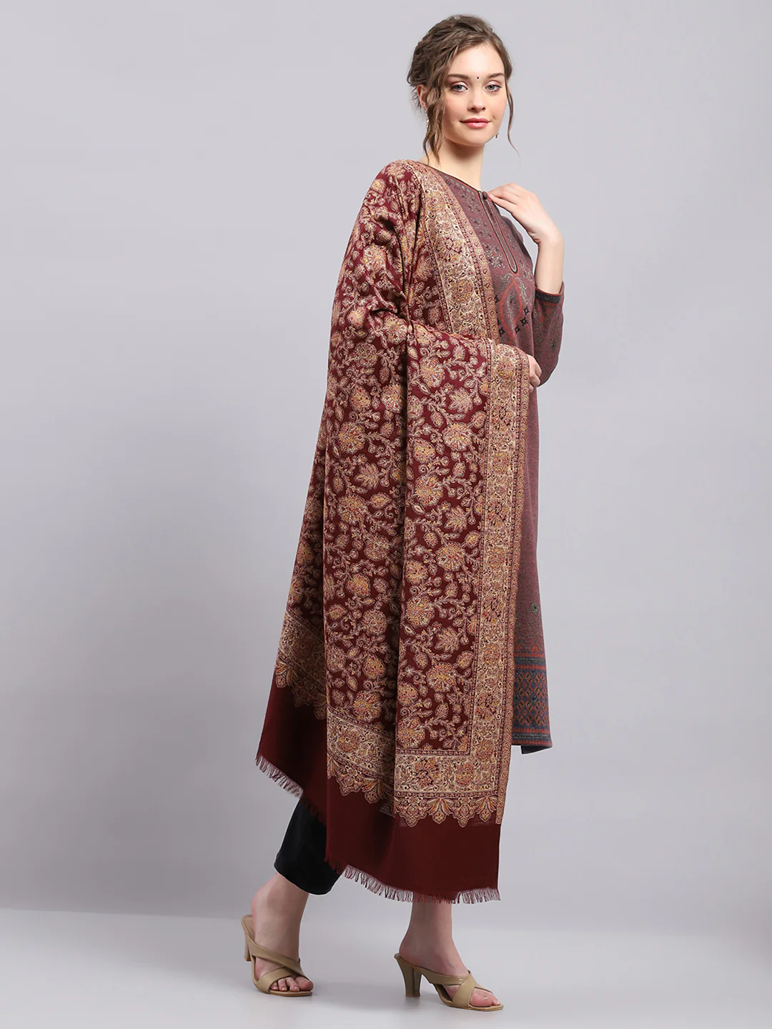 Women Rust Self Design Shawl - Image 4