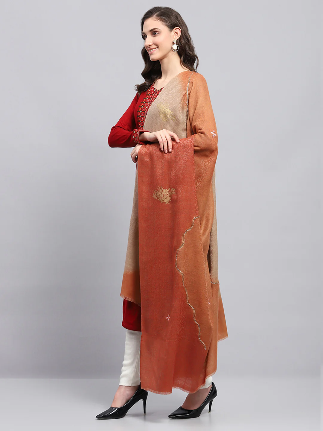 Women Rust Self Design Shawl - Image 3