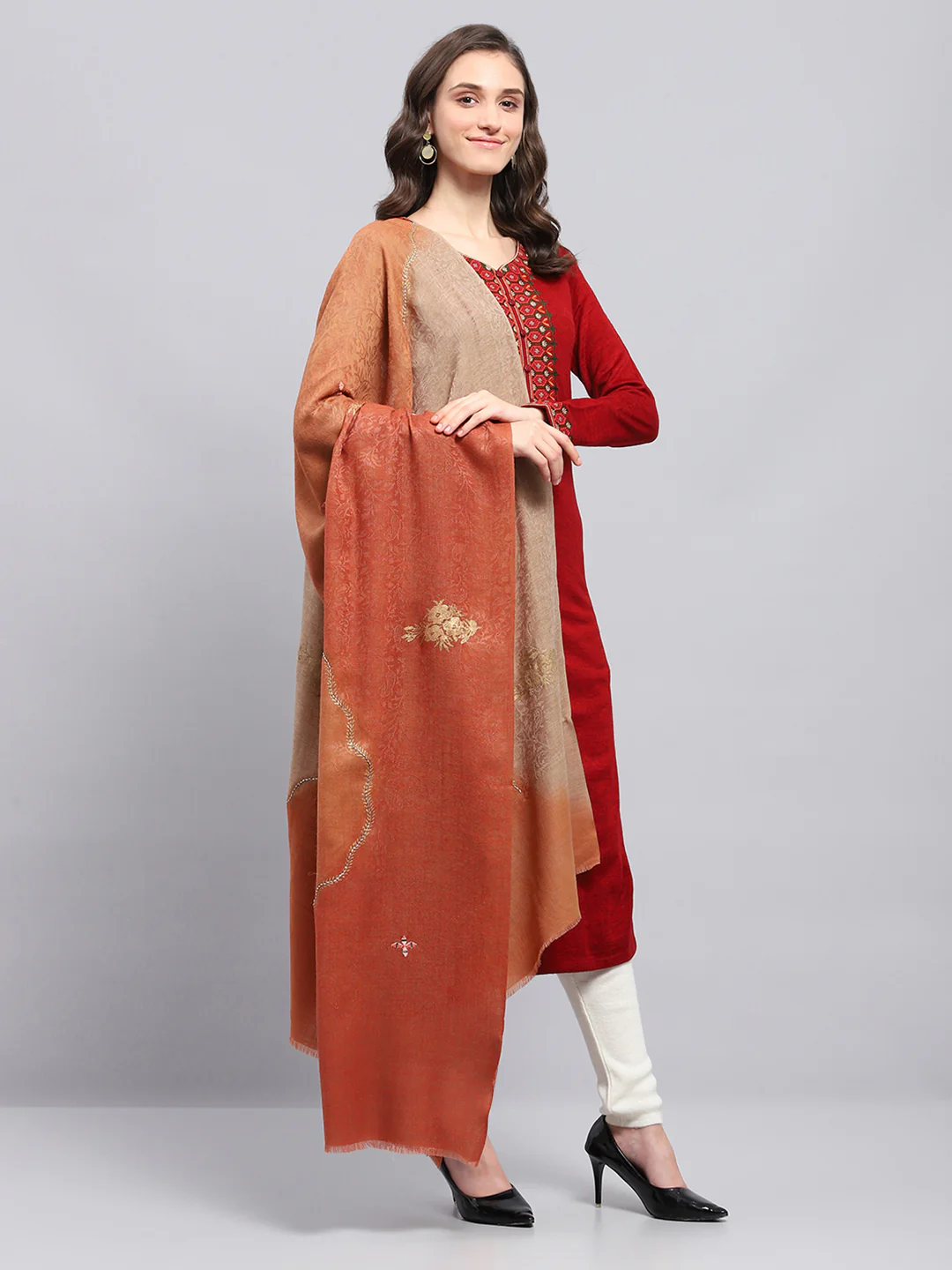 Women Rust Self Design Shawl - Image 4