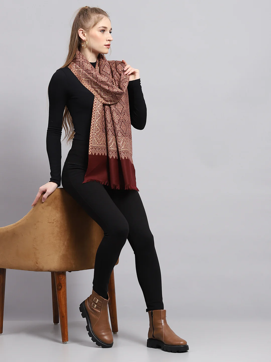 Women Rust Self Design Stole - Image 2