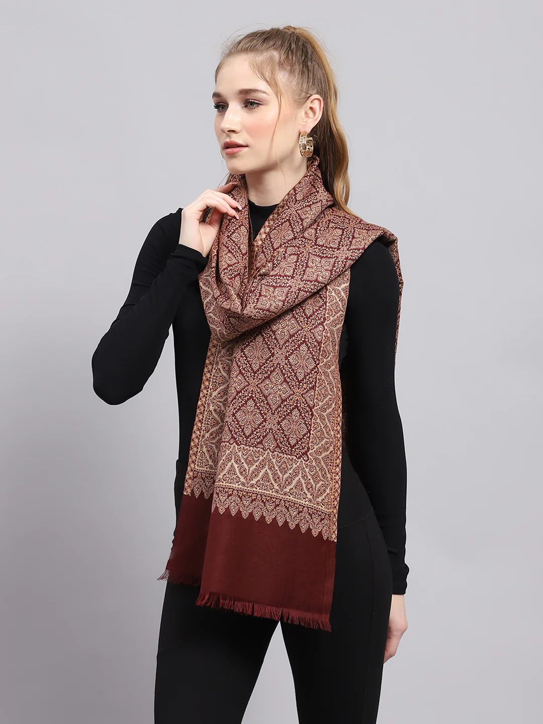 Women Rust Self Design Stole - Image 3