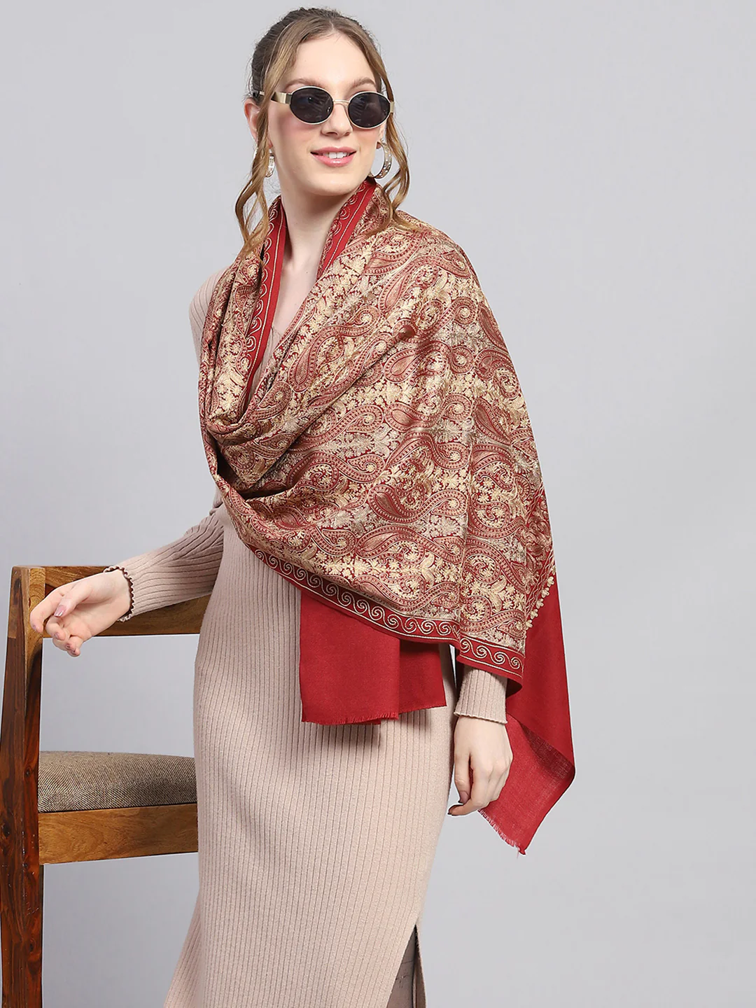 Women Rust Self Design Stole - Image 5