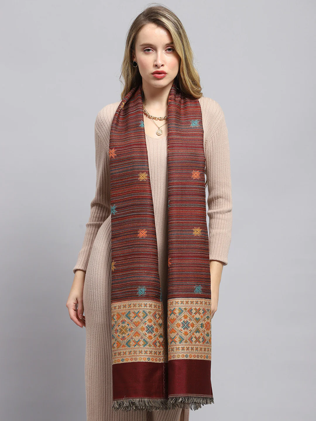 Women Rust Self Design Stole - Image 3