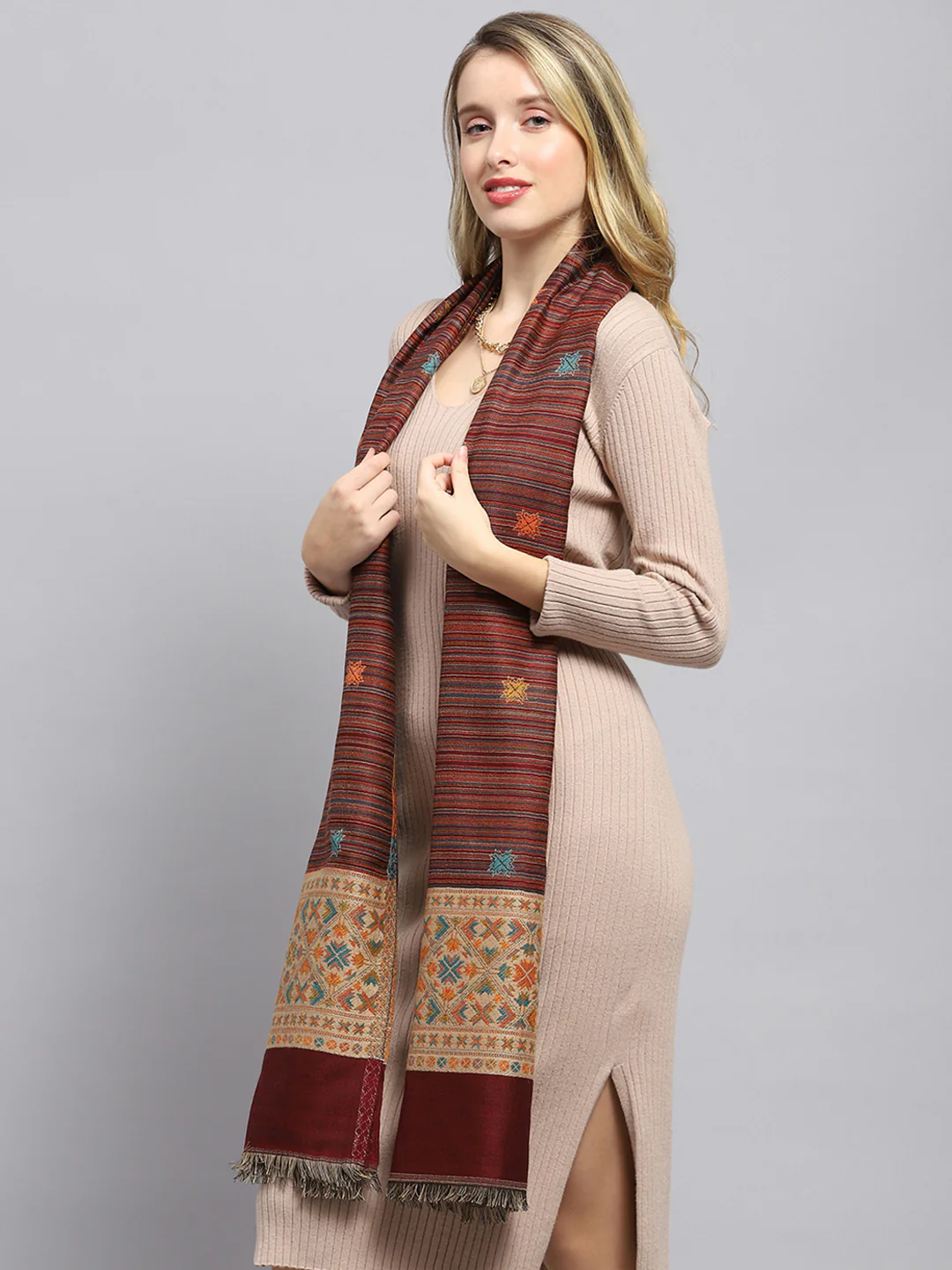 Women Rust Self Design Stole - Image 4