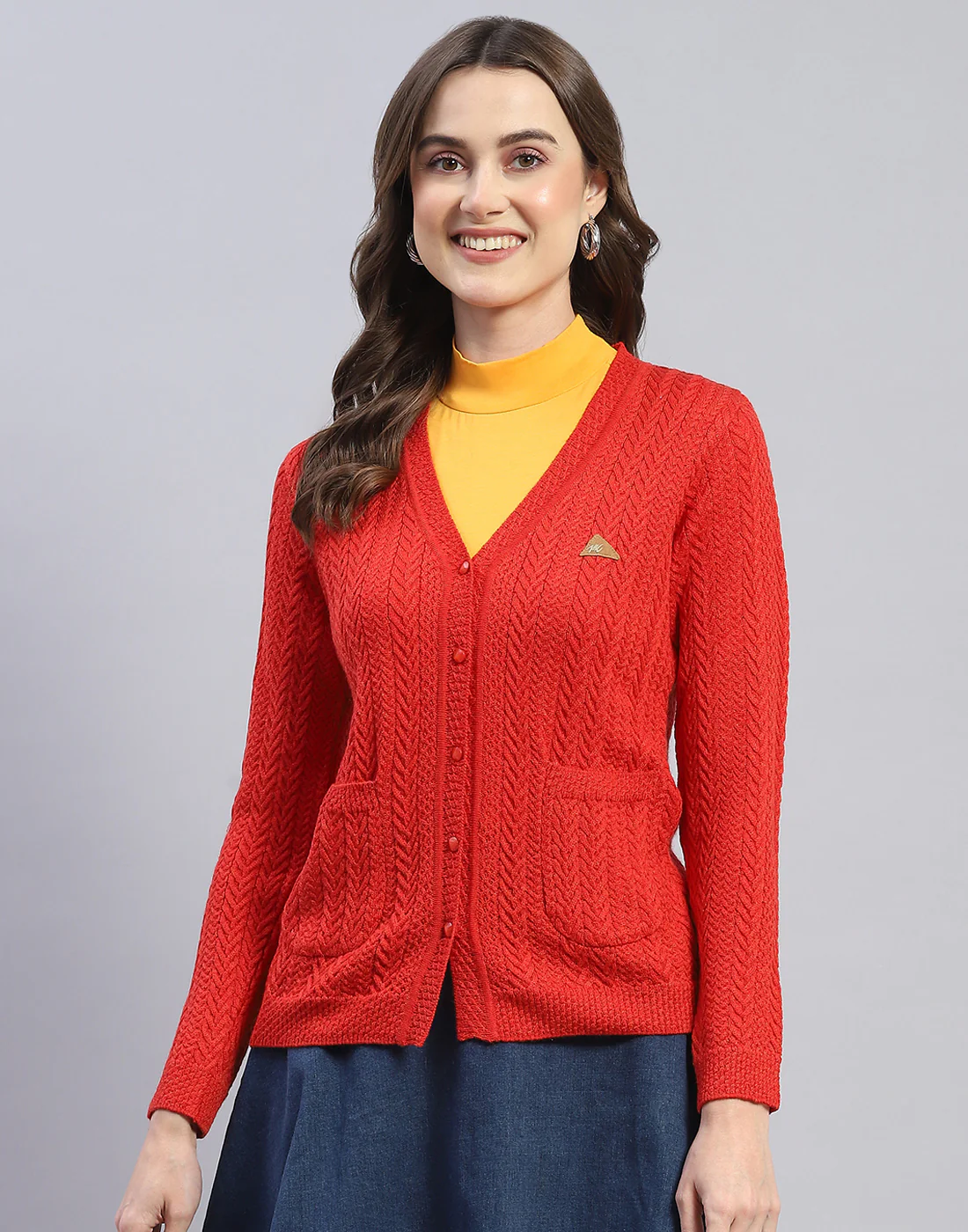 Women Rust Self Design V Neck Full Sleeve Cardigan - Image 2
