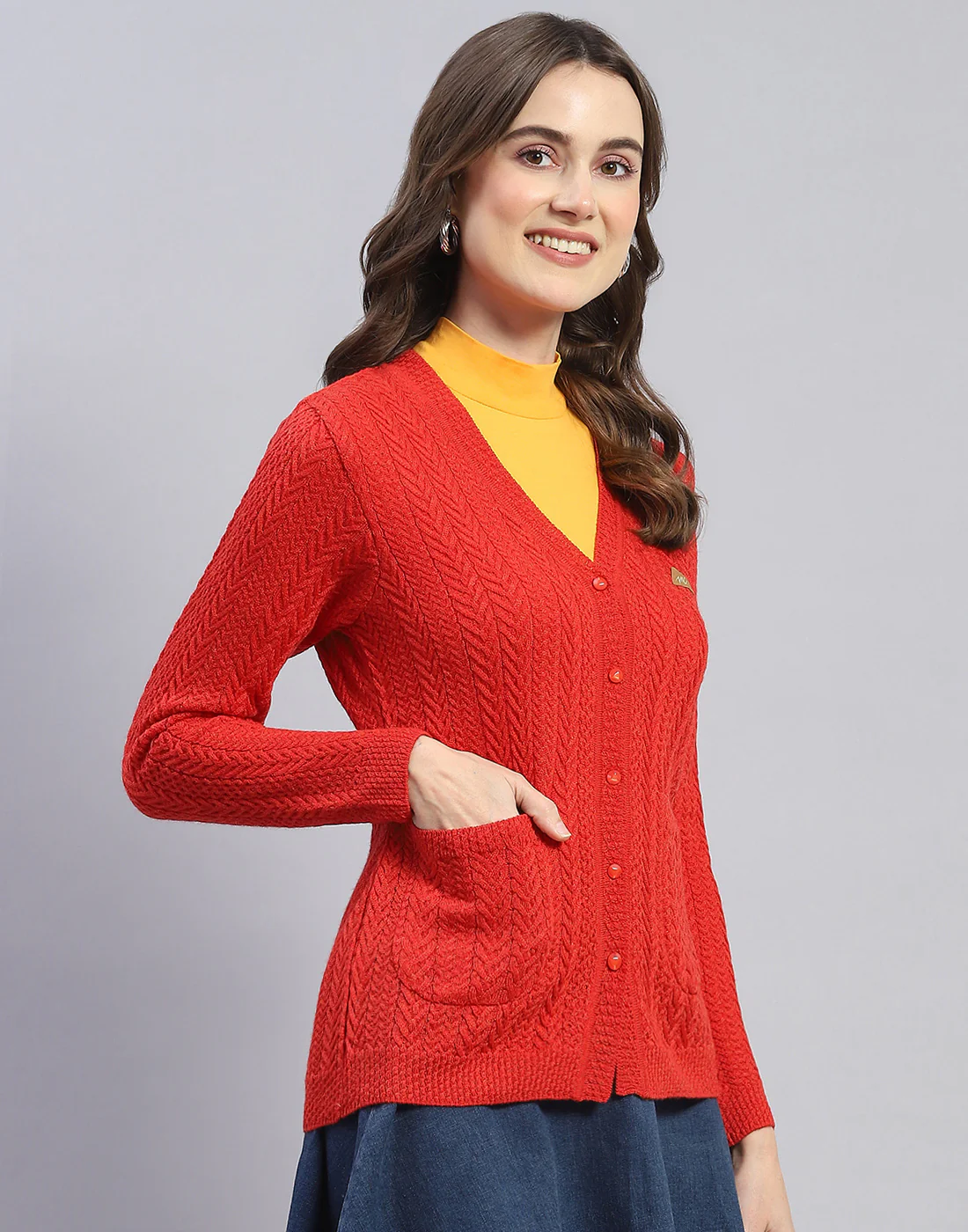 Women Rust Self Design V Neck Full Sleeve Cardigan - Image 4