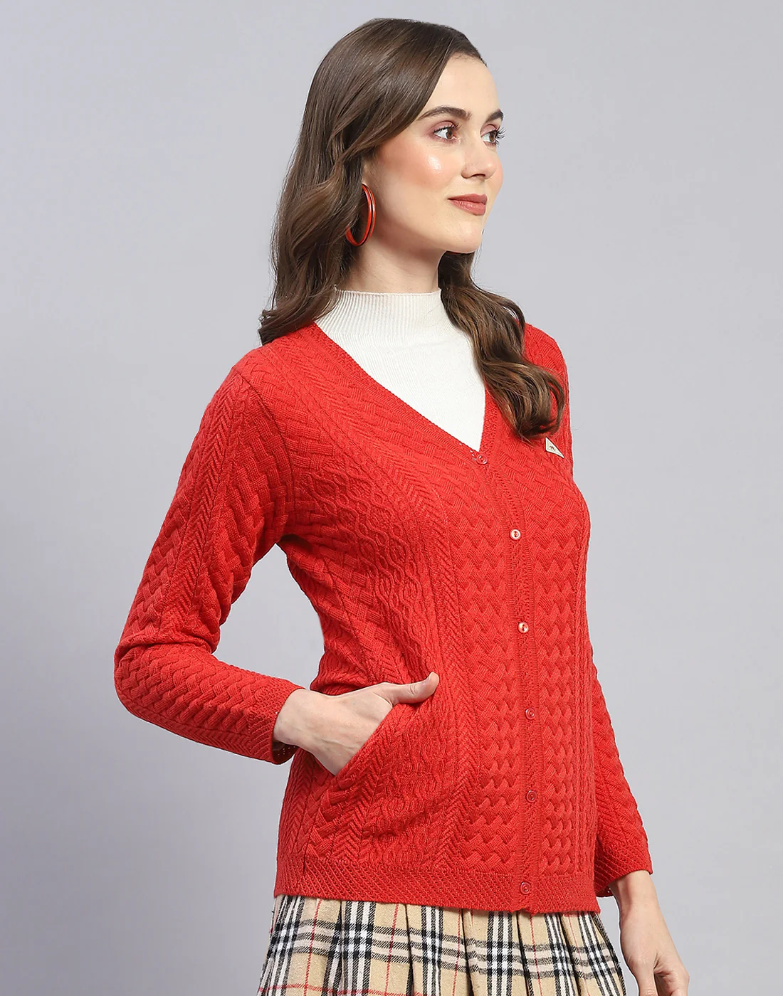 Women Rust Self Design V Neck Full Sleeve Cardigan - Image 4