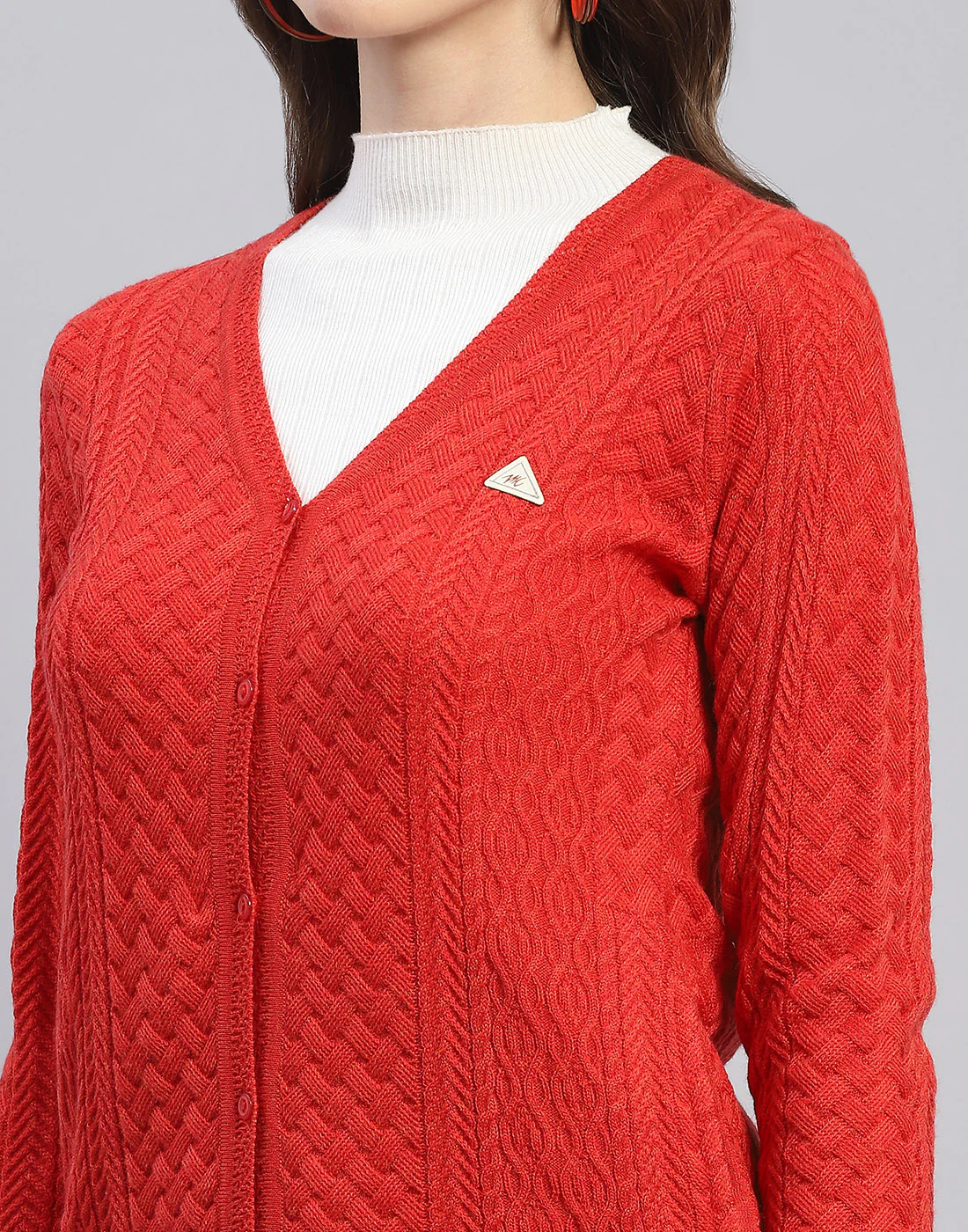 Women Rust Self Design V Neck Full Sleeve Cardigan - Image 6