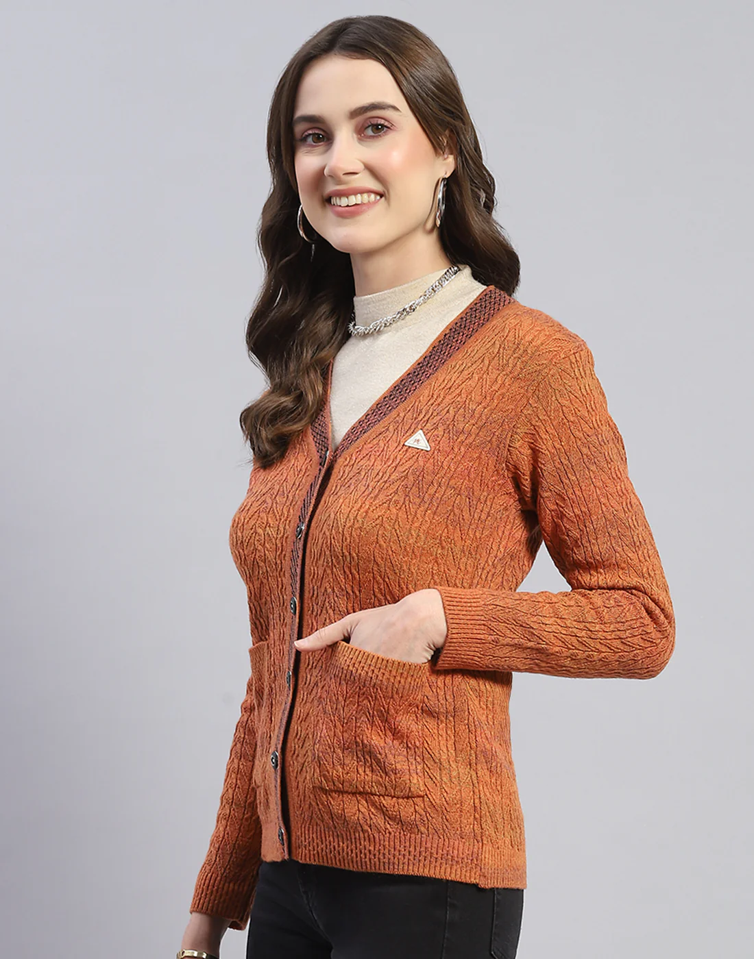 Women Rust Self Design V Neck Full Sleeve Cardigan - Image 3