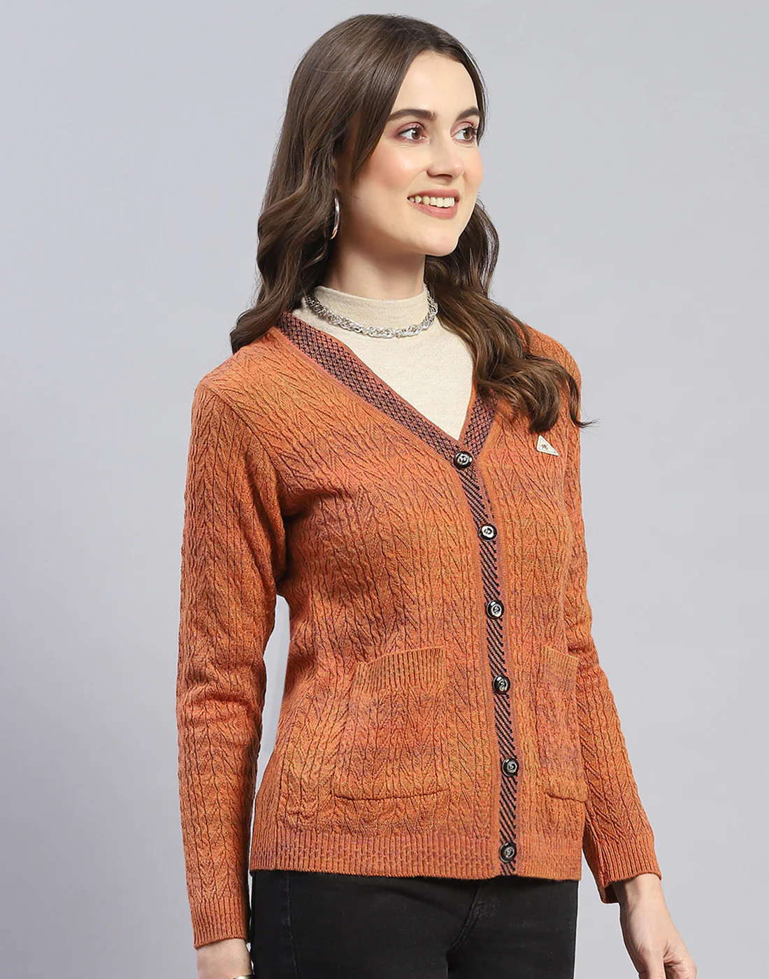 Women Rust Self Design V Neck Full Sleeve Cardigan - Image 4