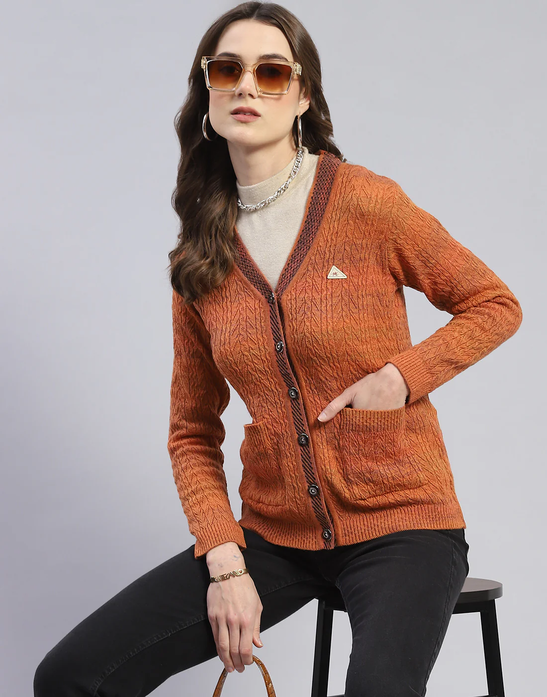 Women Rust Self Design V Neck Full Sleeve Cardigan - Image 6