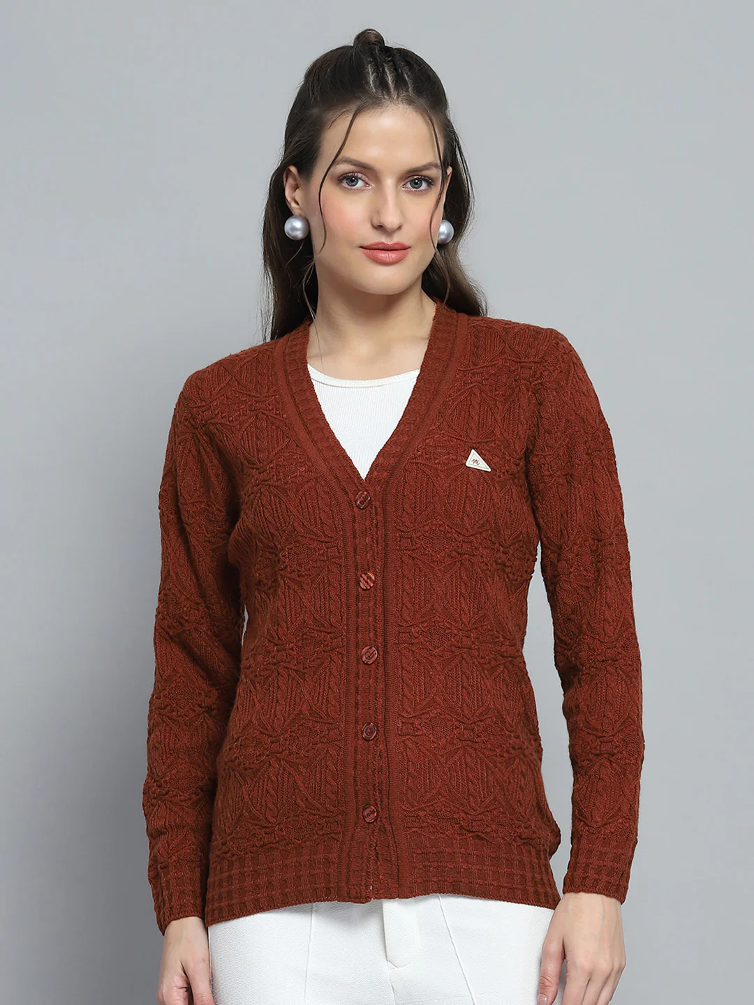 Women Rust Self Design V Neck Full Sleeve Cardigan