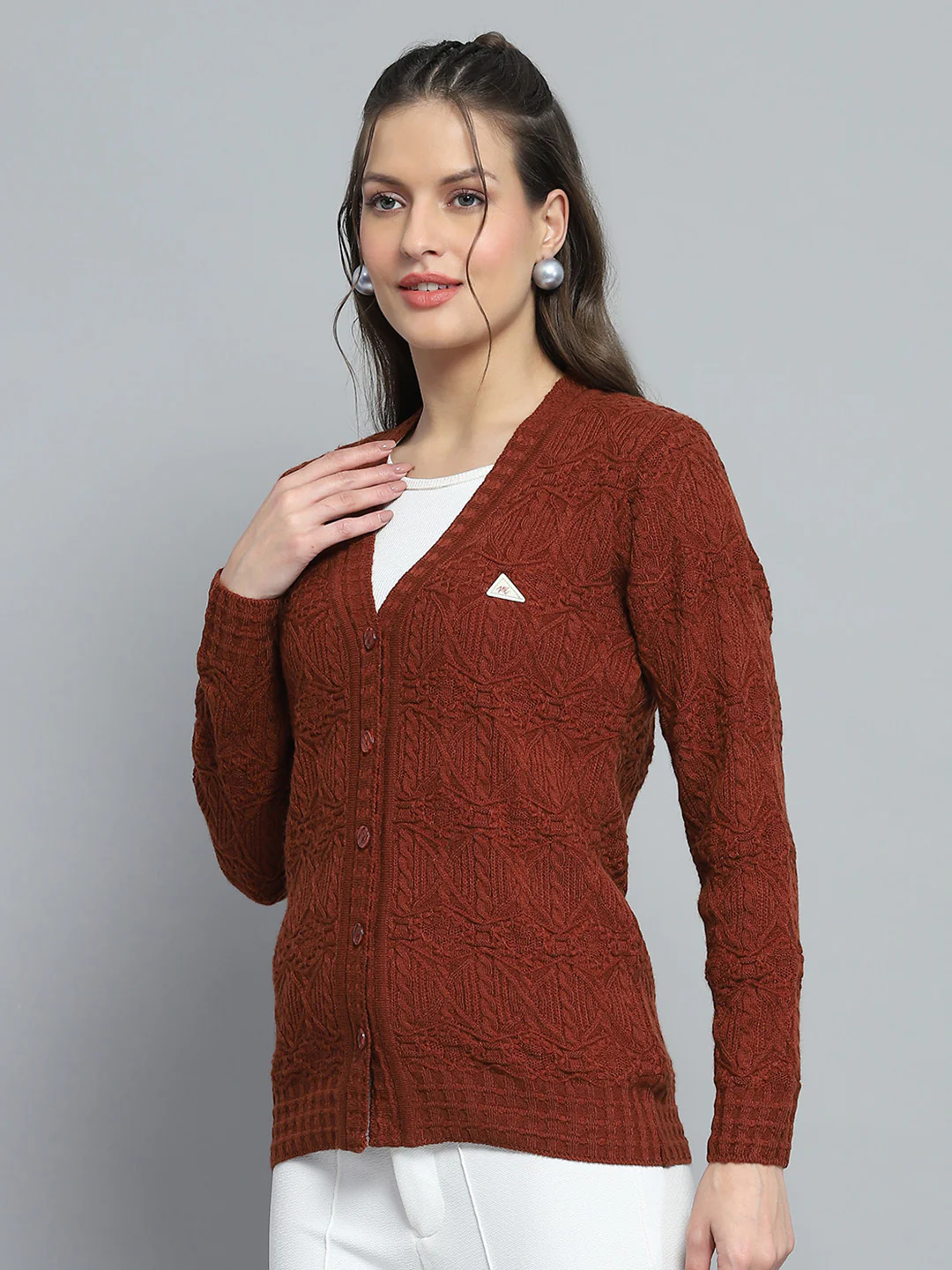 Women Rust Self Design V Neck Full Sleeve Cardigan - Image 3