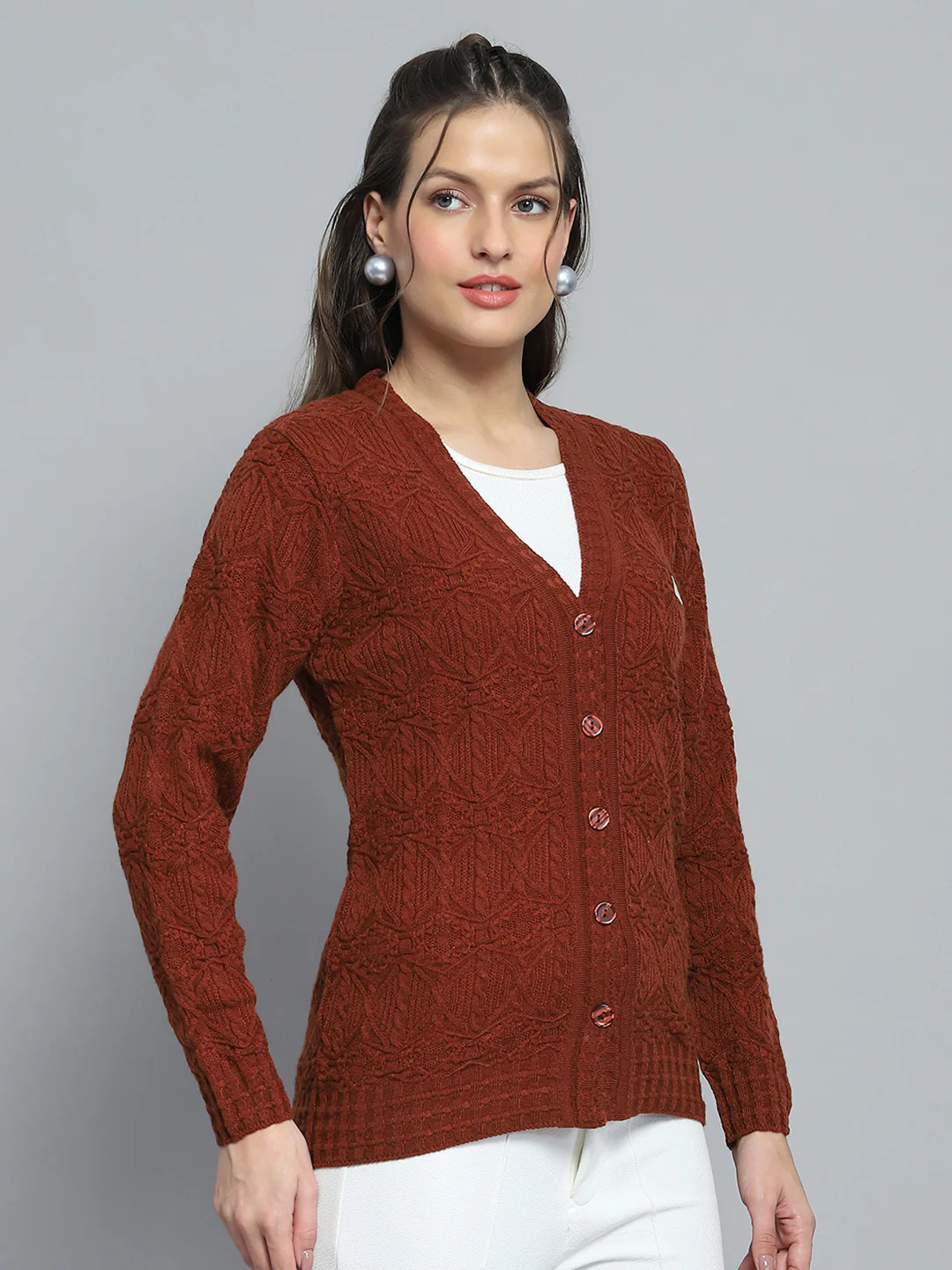 Women Rust Self Design V Neck Full Sleeve Cardigan - Image 4