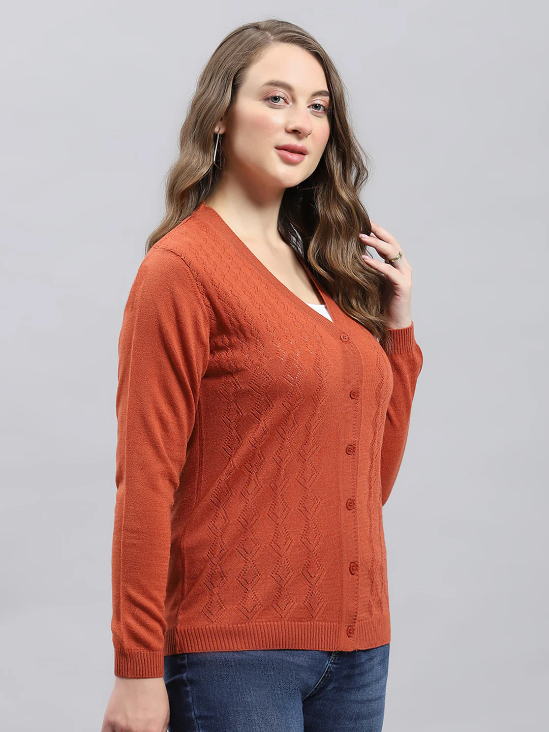 Women Rust Self Design V Neck Full Sleeve Cardigan - Image 4