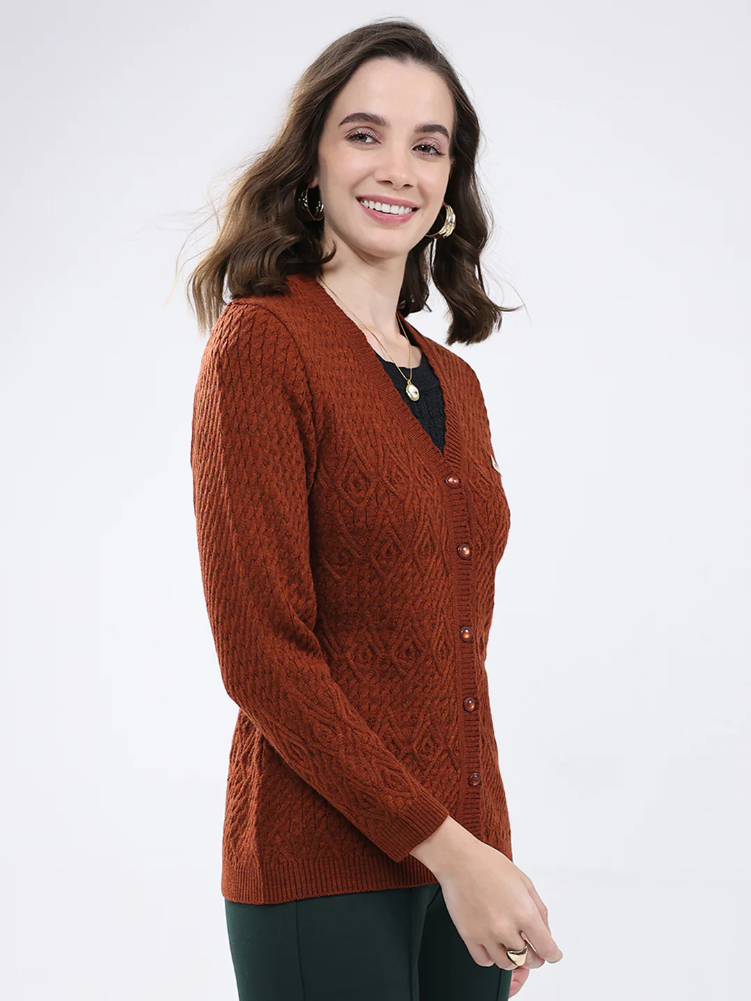 Women Rust Self Design V Neck Full Sleeve Cardigan - Image 4