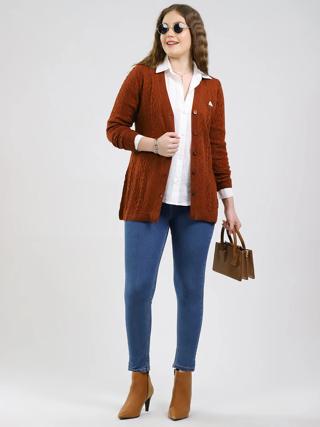 Women Rust Self Design V Neck Full Sleeve Cardigan - Image 2