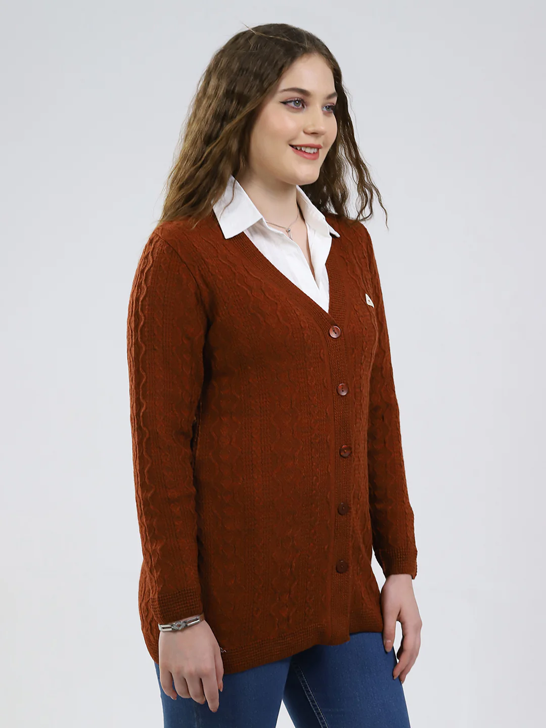 Women Rust Self Design V Neck Full Sleeve Cardigan - Image 4
