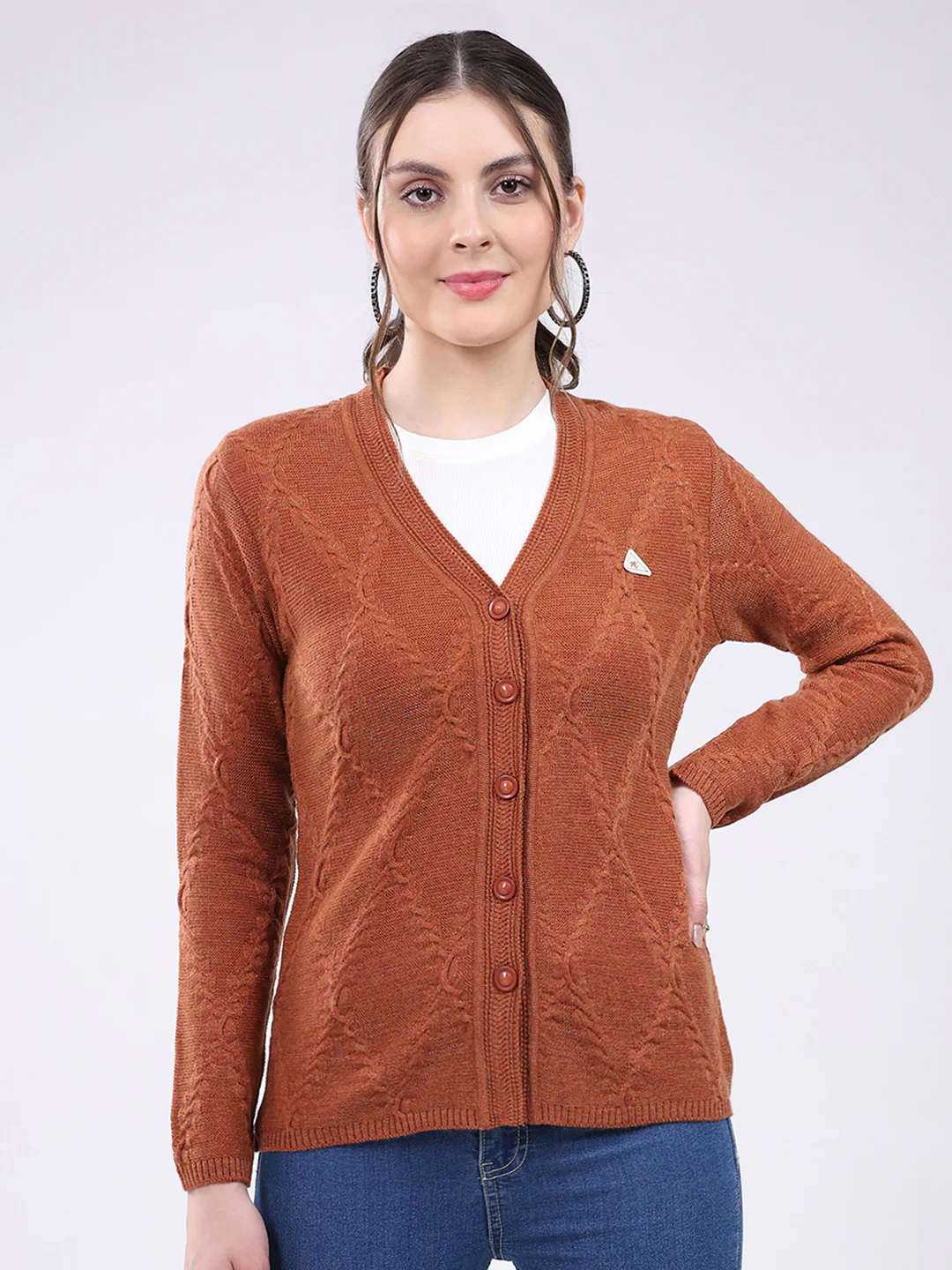 Women Rust Self Design V Neck Full Sleeve Cardigan