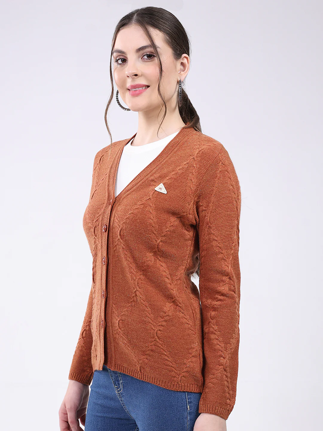 Women Rust Self Design V Neck Full Sleeve Cardigan - Image 3