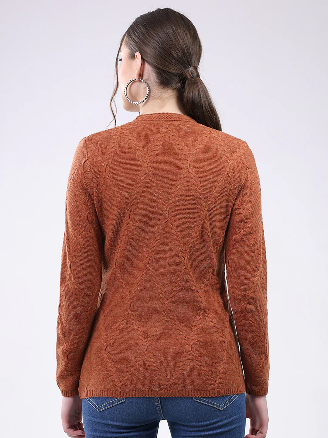 Women Rust Self Design V Neck Full Sleeve Cardigan - Image 5