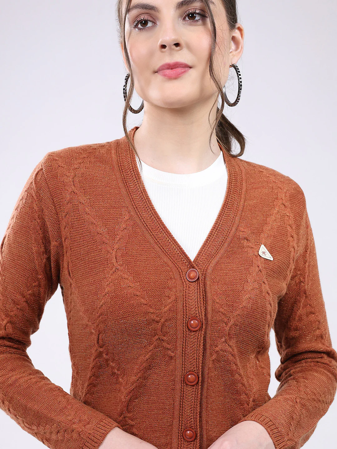 Women Rust Self Design V Neck Full Sleeve Cardigan - Image 6