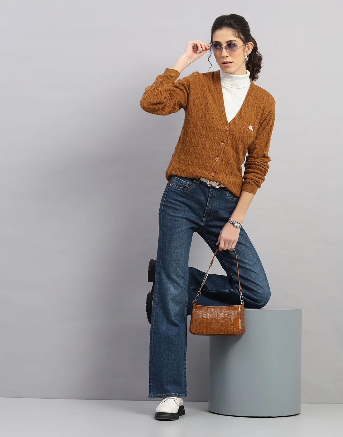 Women Rust Self Design V Neck Full Sleeve Cardigan - Image 5