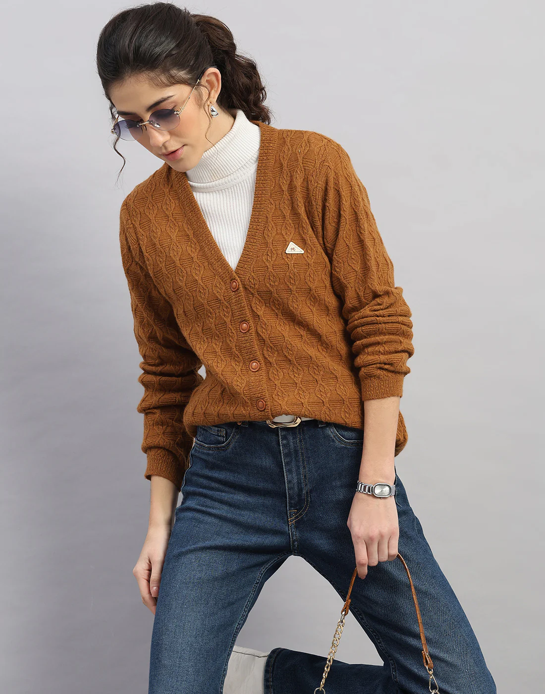 Women Rust Self Design V Neck Full Sleeve Cardigan - Image 6