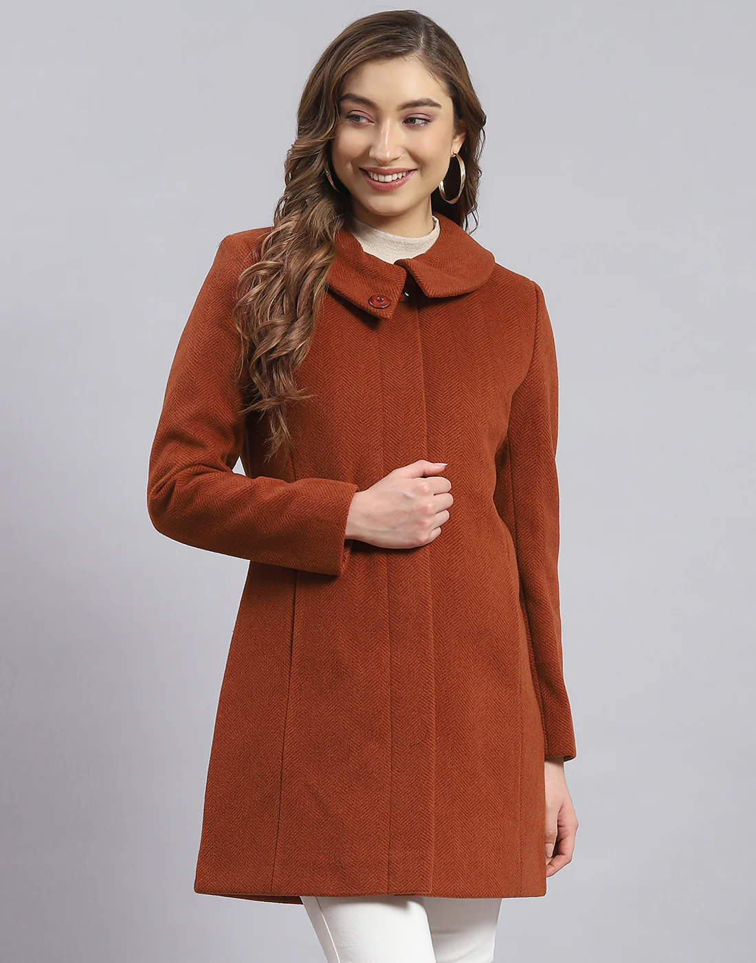 Women Rust Solid Collar Full Sleeve Coat - Image 2