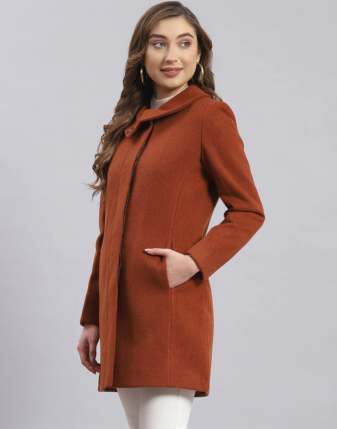 Women Rust Solid Collar Full Sleeve Coat - Image 3