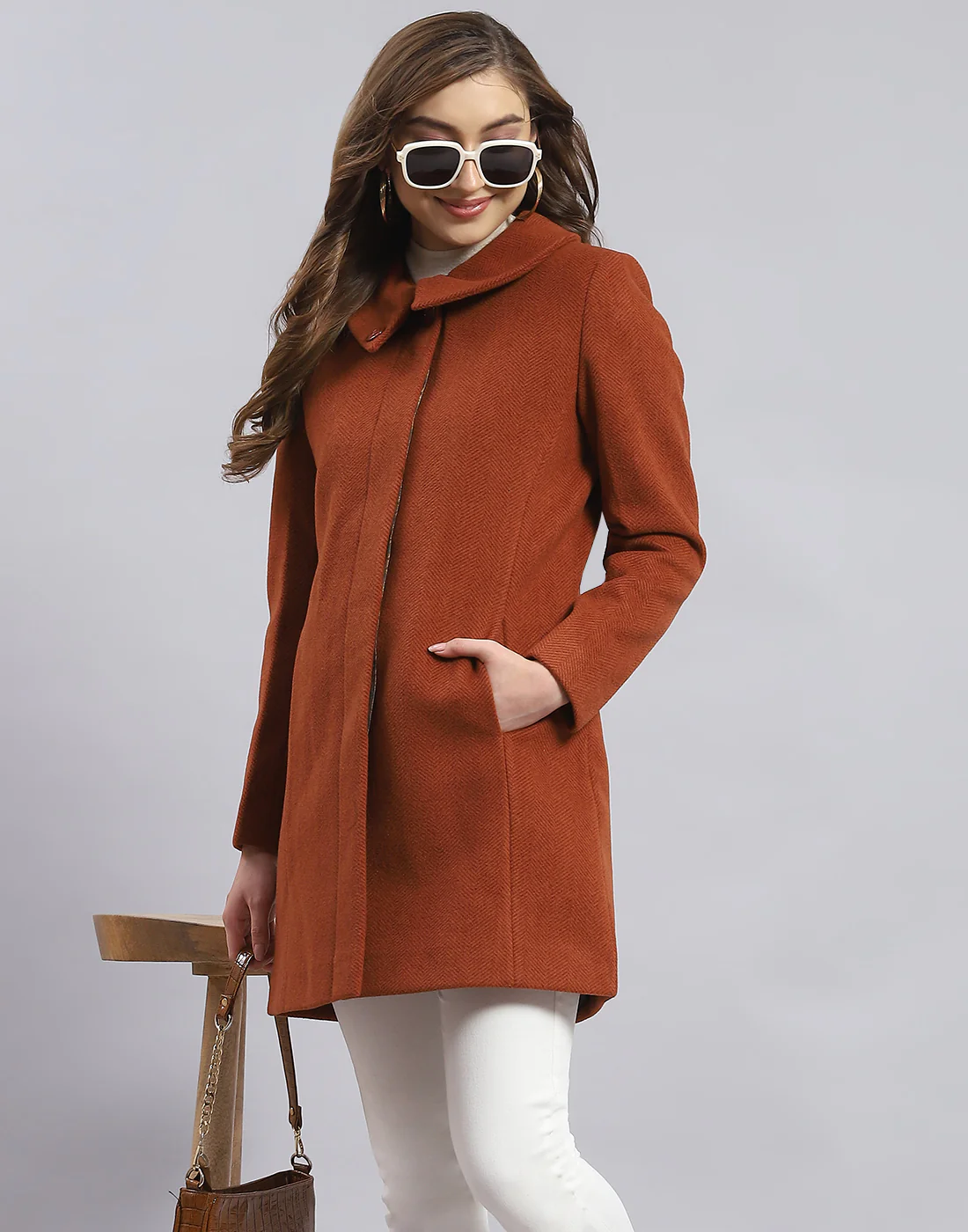 Women Rust Solid Collar Full Sleeve Coat - Image 6