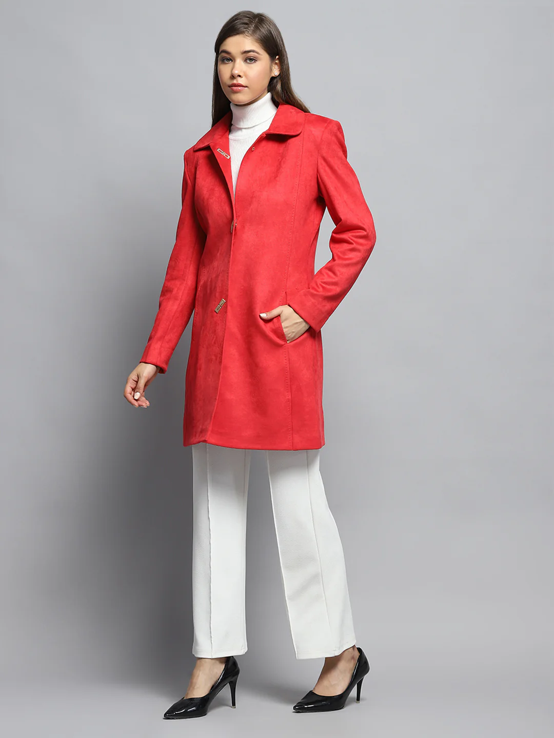 Women Rust Solid Collar Full Sleeve Coat - Image 3