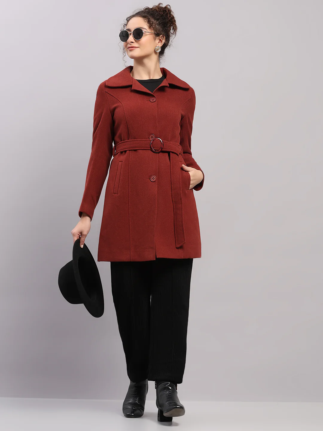 Women Rust Solid Collar Full Sleeve Coat - Image 2