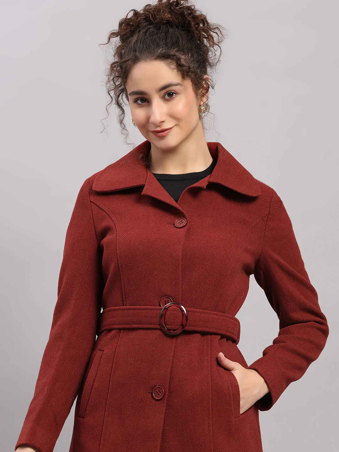 Women Rust Solid Collar Full Sleeve Coat - Image 6