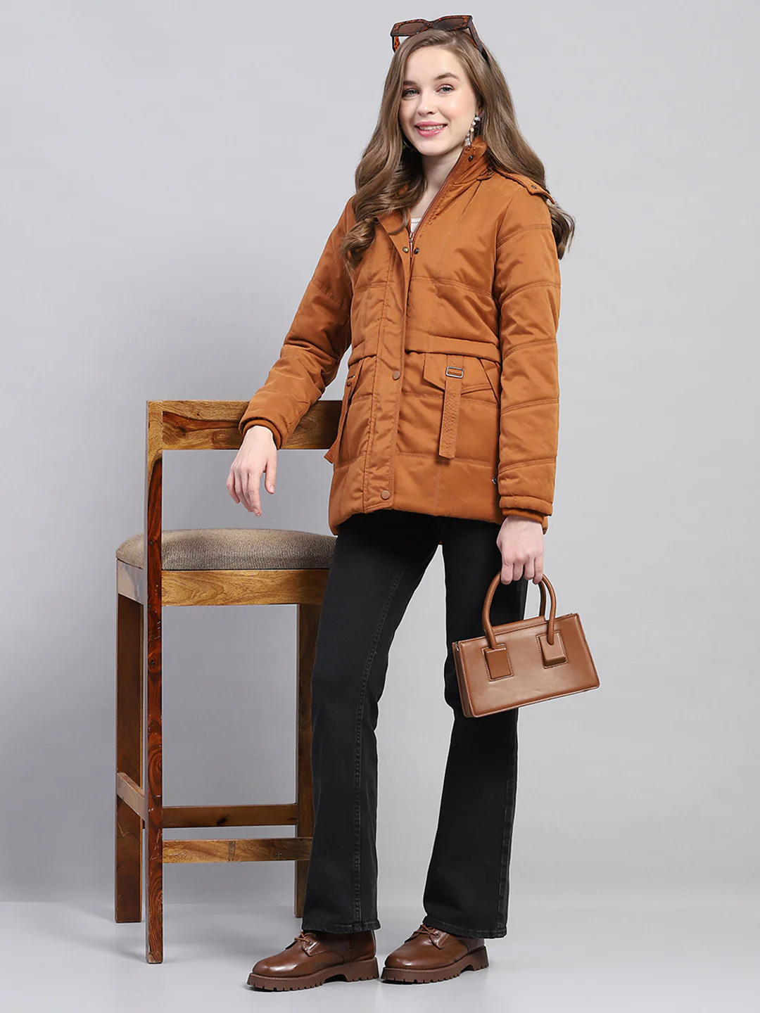 Women Rust Solid Detachable Hood Full Sleeve Jacket - Image 2