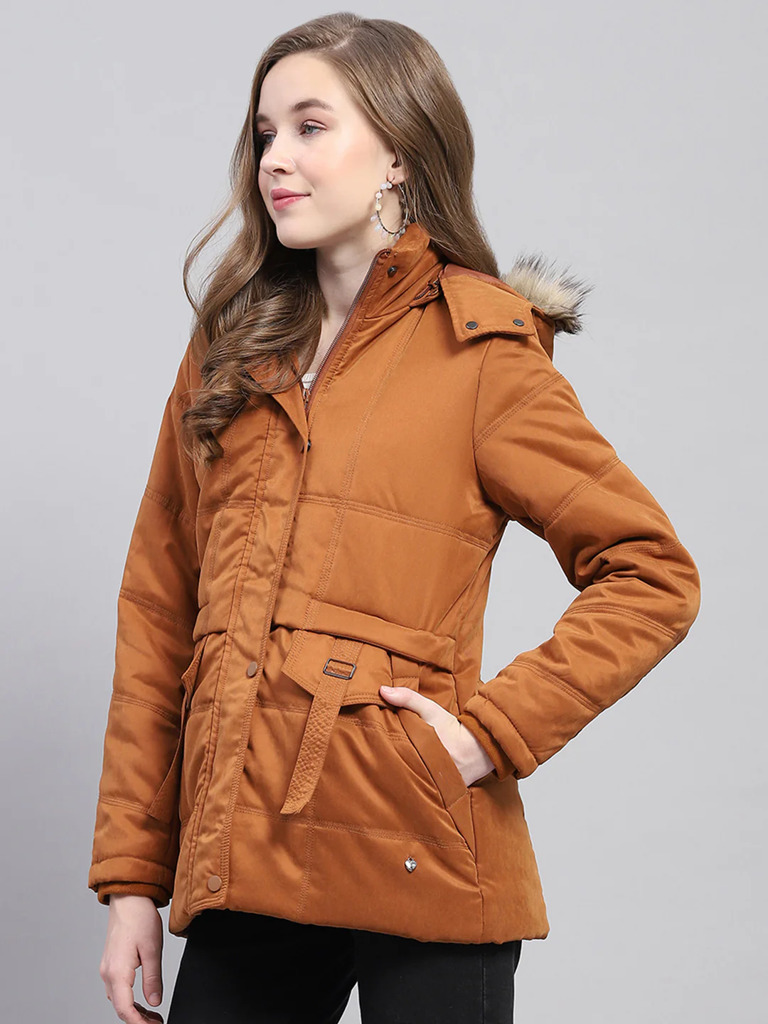 Women Rust Solid Detachable Hood Full Sleeve Jacket - Image 3