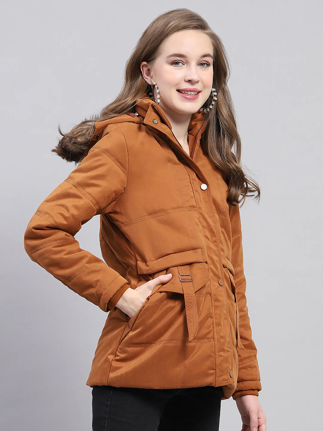 Women Rust Solid Detachable Hood Full Sleeve Jacket - Image 4