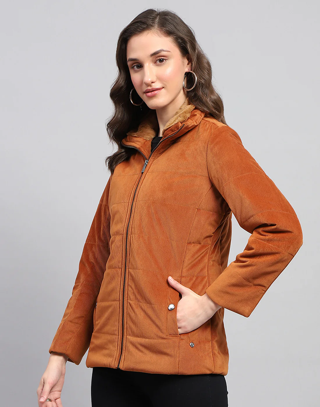 Women Rust Solid High Neck Full Sleeve Jacket - Image 4